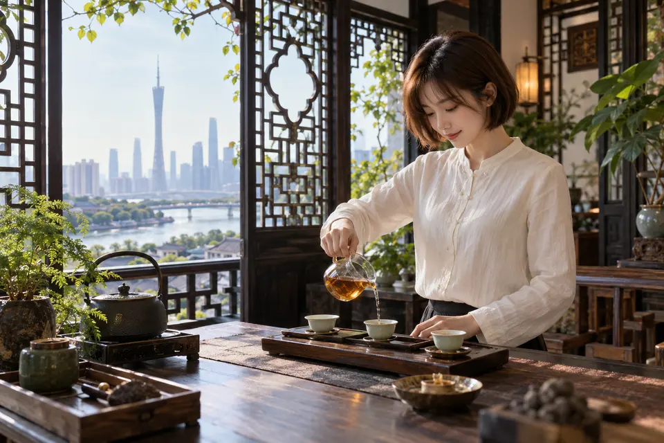 岭南花窗旁使用公道杯冲泡的示意画面