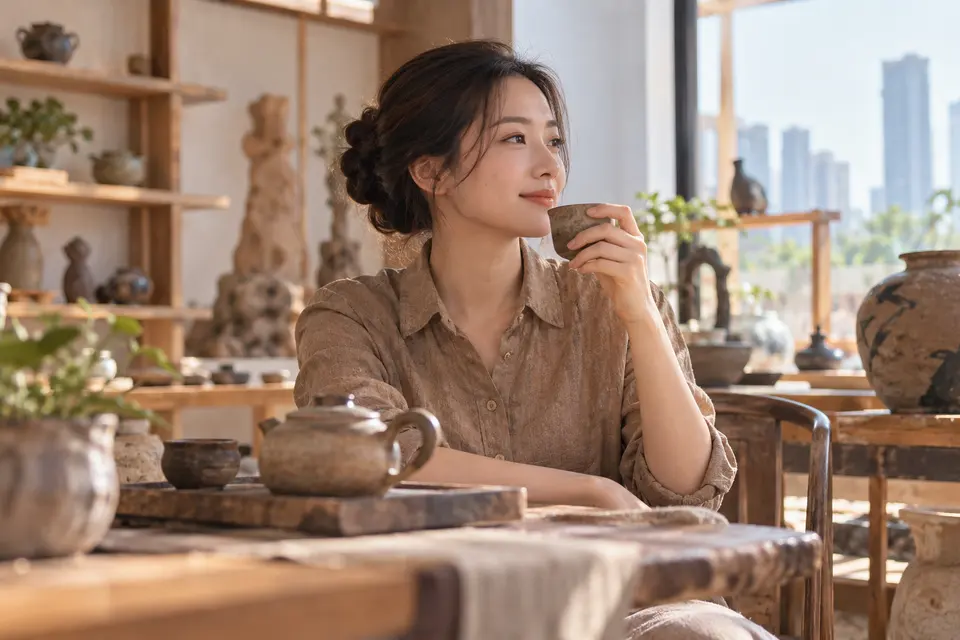 陶艺茶器工作室中茶杯陈列的示意画面